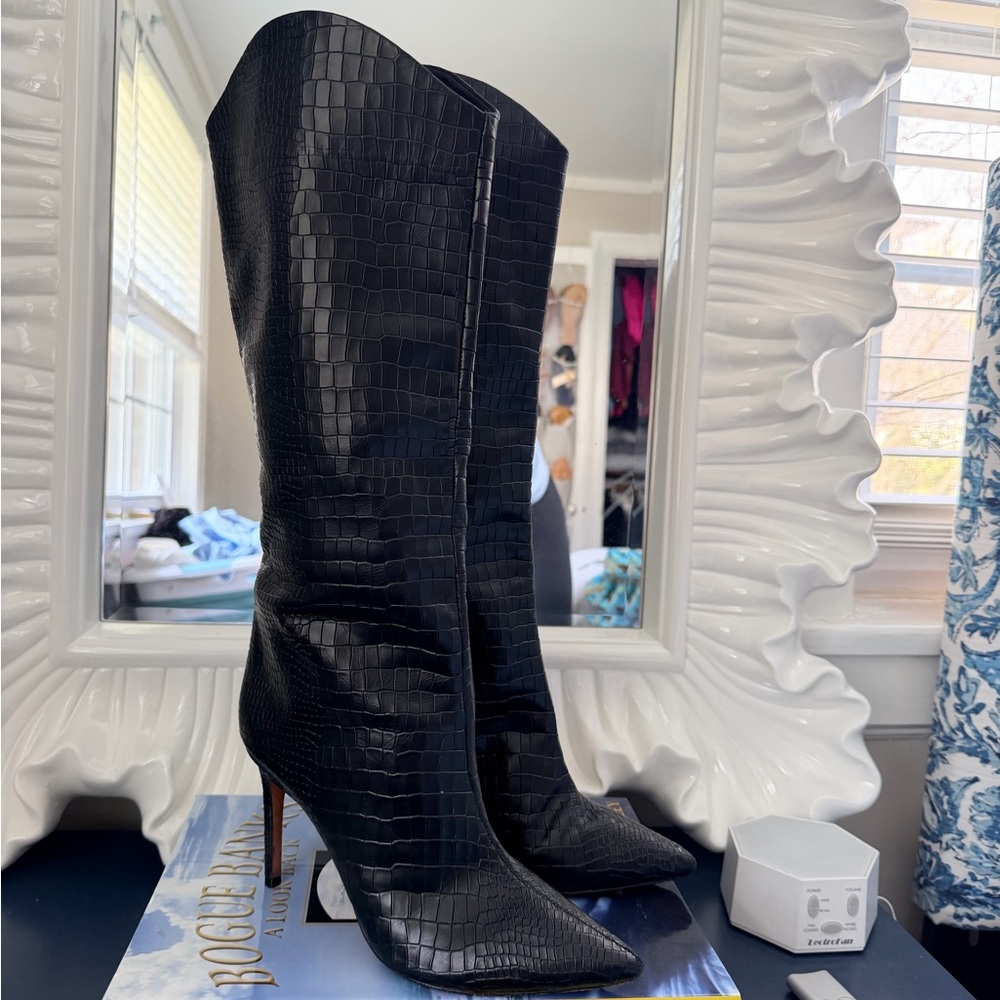SCHUTZ Black Croc-Embossed Over-The-Knee Pointed Toe Stiletto Boots